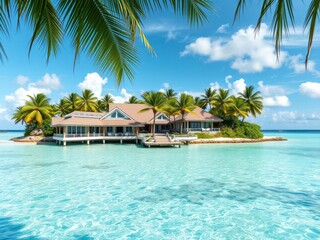 Fototapeta premium A luxurious oceanfront resort on a secluded tropical island surrounded by crystal clear waters and palm trees, vacation, relaxation