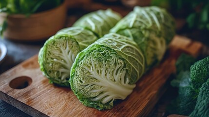Obraz premium Fresh green cabbage rolls on a wooden cutting board ready for cooking with a rustic kitchen background.