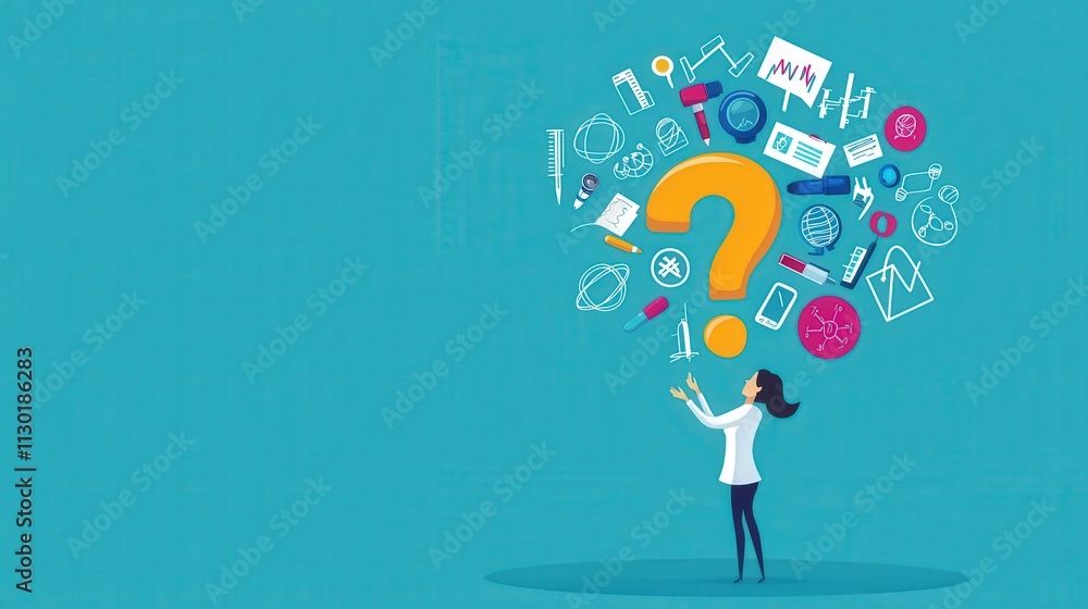 Poster a scientist reaching out to grasp a floating question mark surrounded by scientific symbols.