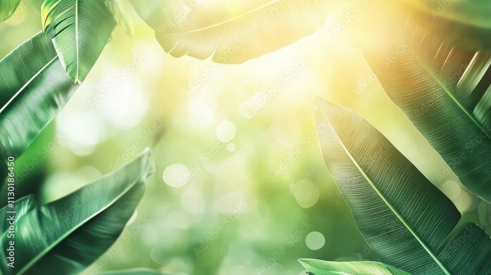 Poster banana leaf background with blurred lines and patterns illuminated by soft sunlight for natural and 