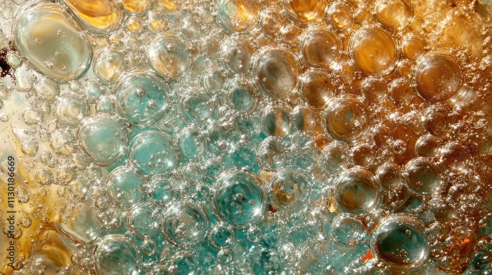 Poster close-up of translucent bubbles in water with orange and blue hues creating a textured abstract back