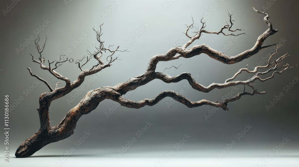 Poster artistic display of vintage tree branch with intricate, twisted designs on a neutral background for 