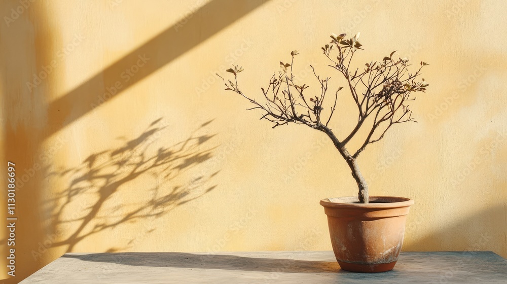Poster dry tree in pot on sunny table with soft shadows against warm yellow wall representing fragility and