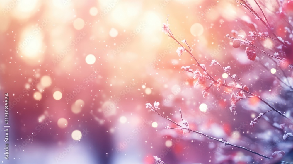 Poster winter forest scene with soft bokeh effects showcasing snowflakes and delicate branches in a serene 