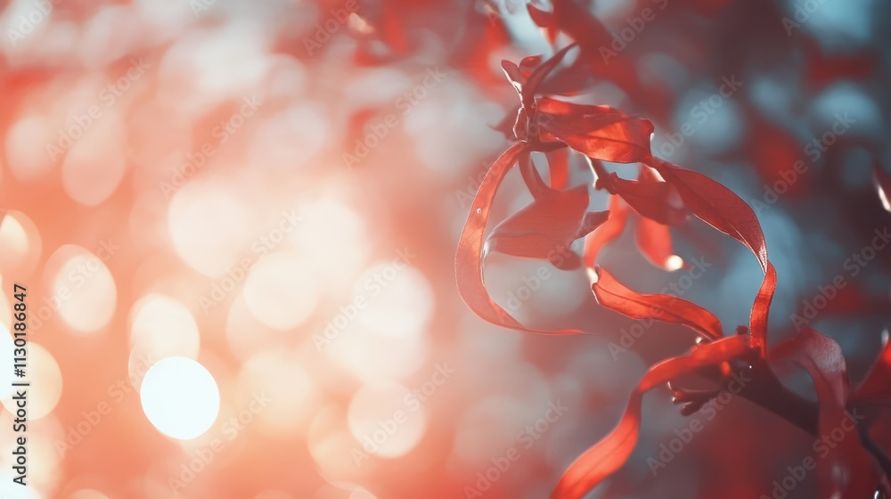 Poster soft bokeh background with vibrant red leaves creating a dreamy and atmospheric nature scene ideal f