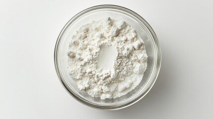 Fine White Powder in Glass Bowl on White Background