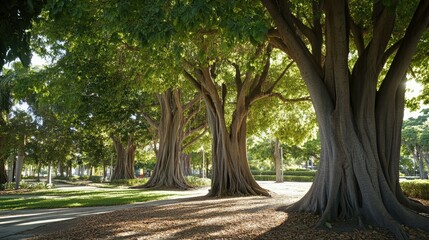 Majestic trees lining a serene park pathway showcasing sunlight filtering through lush green foliage.