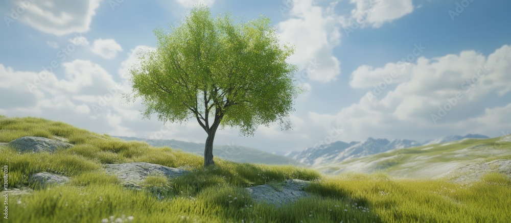 Aufkleber lone tree standing in a lush grassy field under a bright sky with distant mountains creating a seren