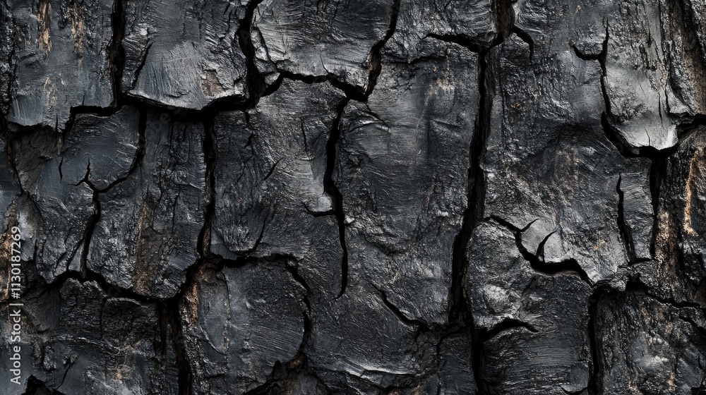 Poster textured close-up of blackened tree bark showcasing intricate cracks and patterns in natural wood su