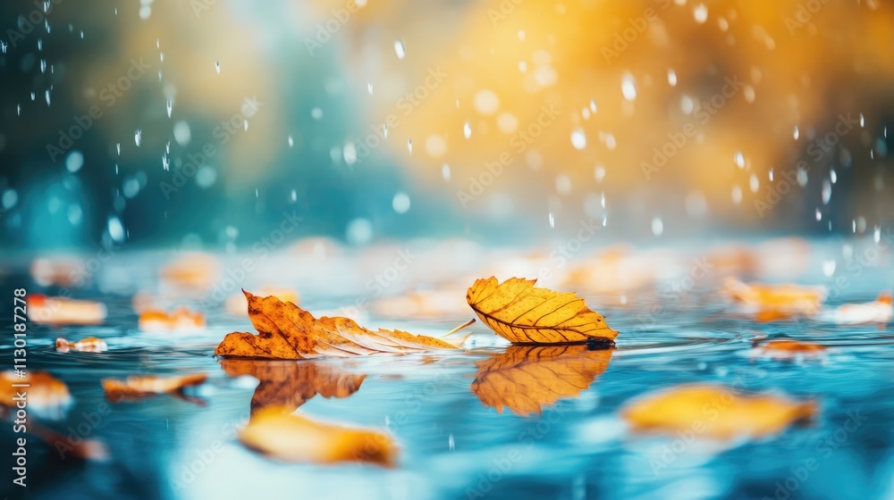 Poster close up of vibrant autumn leaves floating on still water with raindrops creating ripples in a seren