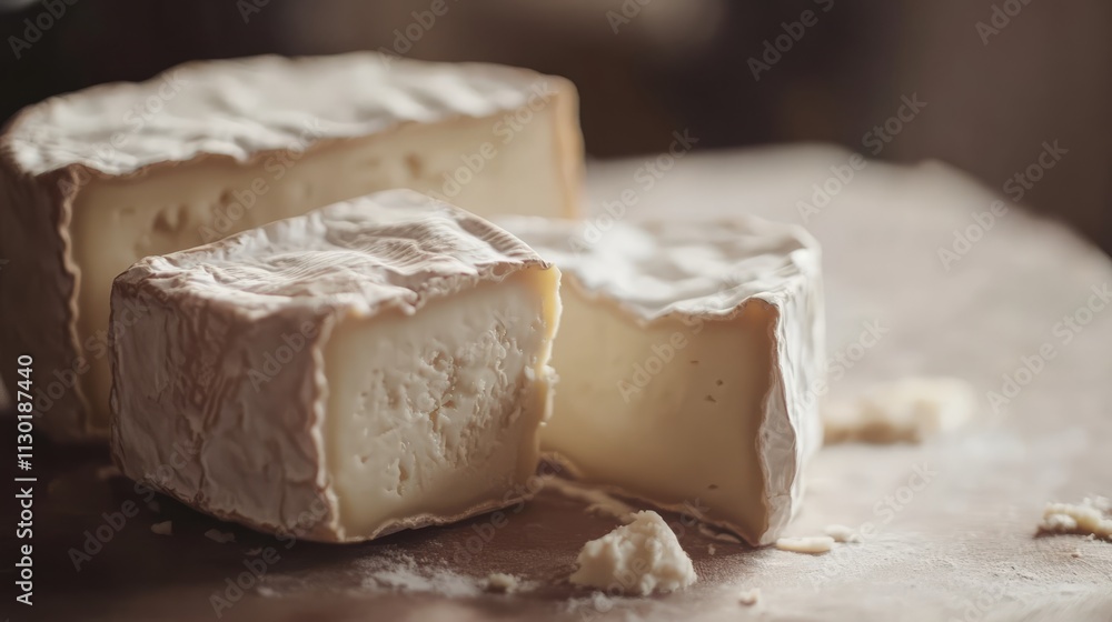 Poster close-up view of aged cheese and camembert varieties showcasing texture and color on rustic wooden t