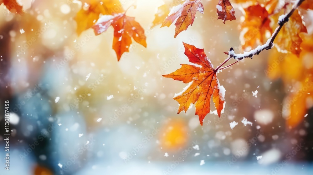 Poster autumn leaves covered in snow with blurred background creating a serene nature scene during a gentle