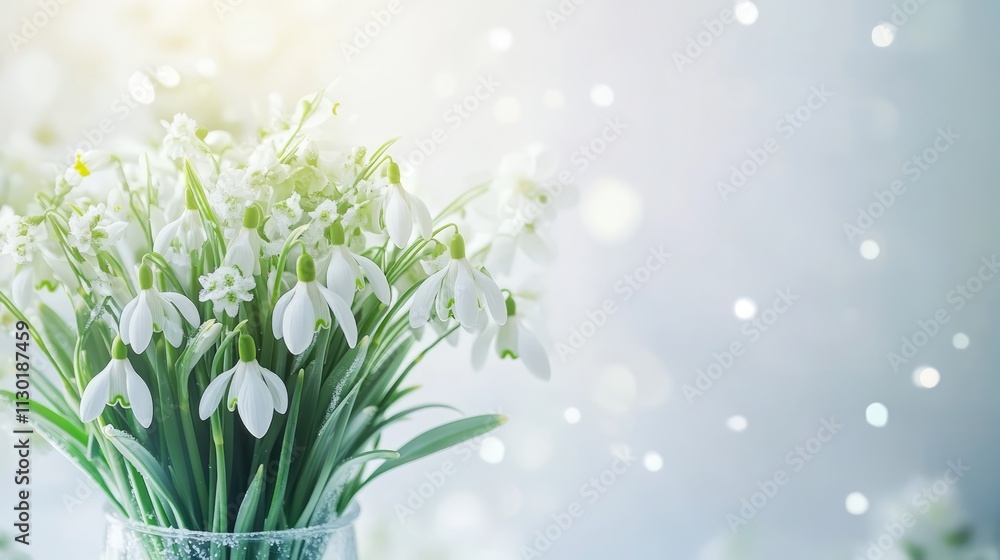 Poster spring bouquet of snowdrop flowers in a clear vase on a soft background creating a fresh and serene 