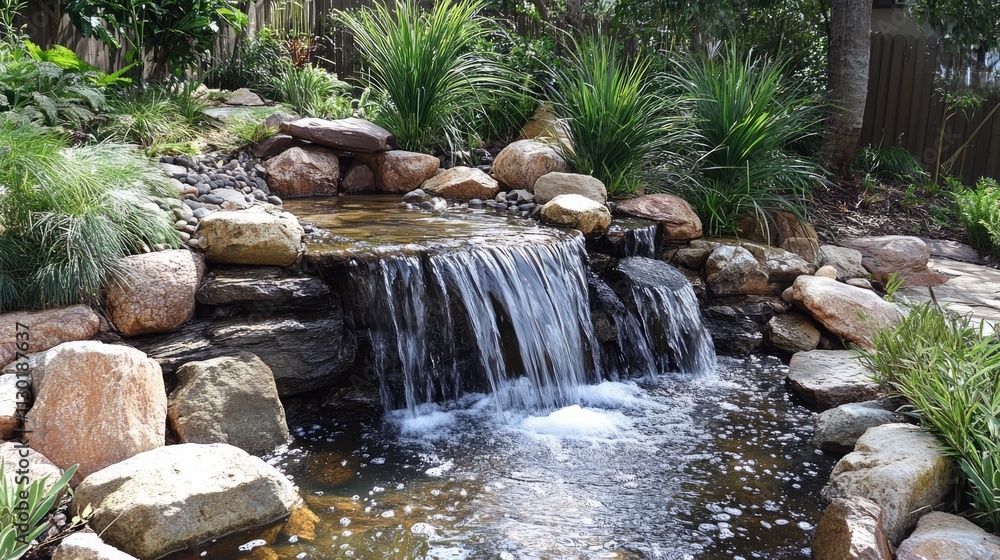 Aufkleber serene cascading waterfall surrounded by lush greenery and smooth stones in a tranquil stream settin