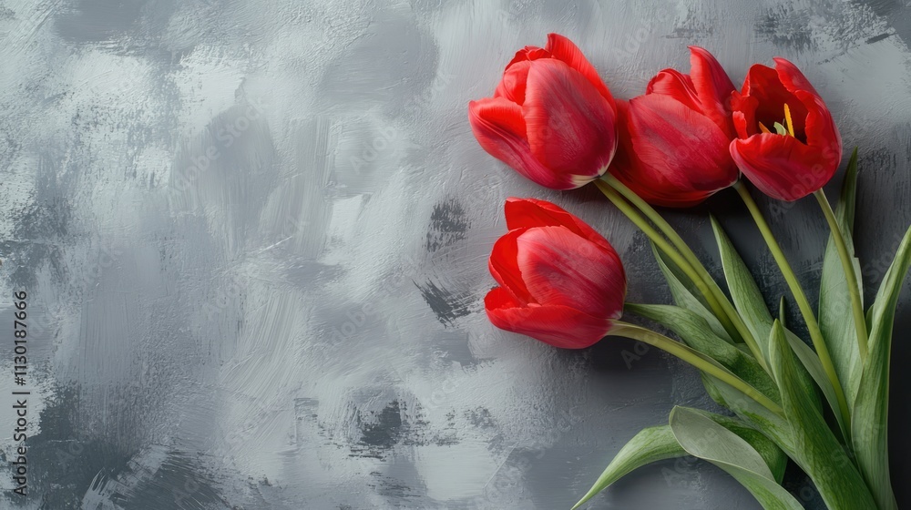 Poster red tulips with green leaves arranged on a grey textured background creating an elegant spring flora