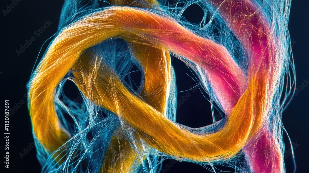 Poster microscopic view of colorful nylon fibers entwined showcasing intricate details and patterns in pola