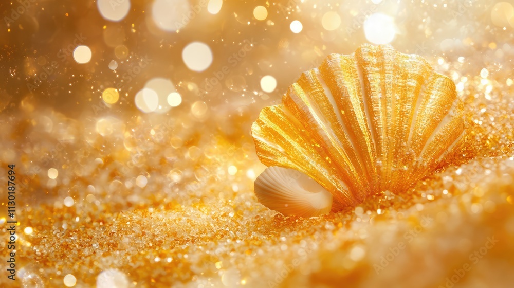 Poster Shimmering seashell resting on golden sandy beach illuminated by sunlight and sparkling bokeh effect creating a serene coastal atmosphere