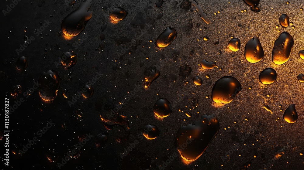 Poster abstract texture of illuminated water droplets on a dark surface creating a visually captivating and