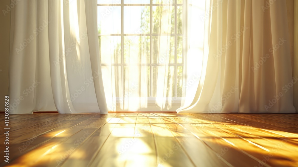 Poster sunlight streaming through sheer curtains onto a warm wooden floor creating a serene and inviting in
