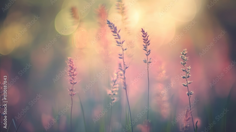 Poster soft focus bokeh of wildflowers in pastel hues creating a dreamy nature abstract background for tran