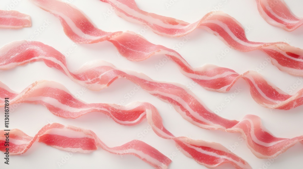 Poster sliced uncured bacon arranged on a white background showcasing its natural color and texture for cul