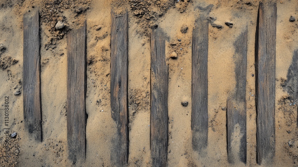 Poster vertical wooden tracks embedded in sandy soil creating a textured background with natural elements f