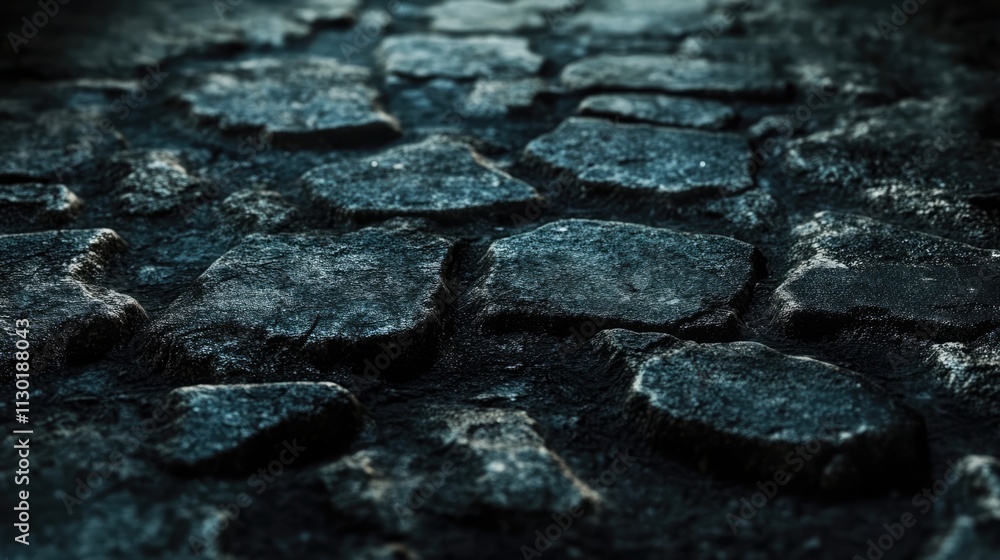 Poster textured cobblestone road surface with weathered stones in low light setting ideal for backgrounds a