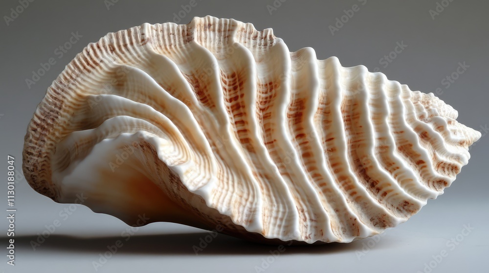 Poster detailed close-up of a seashell highlighting its intricate texture and natural patterns against a ne