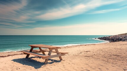 Serene beach landscape featuring a wooden picnic table on sandy shore under a vibrant sky with turquoise ocean and rocky breakwater.