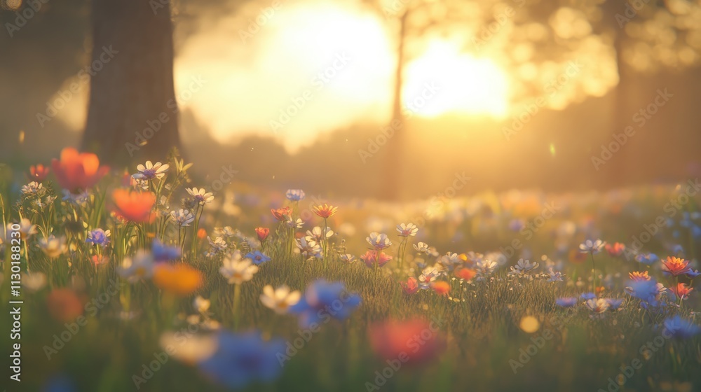 Poster meadow of colorful flowers illuminated by soft golden evening light with a dreamy bokeh background a