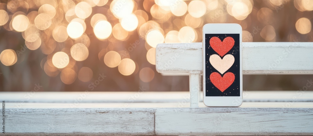 Poster wedding greeting display with smartphone showing heart shapes on a white bench for valentine and ann
