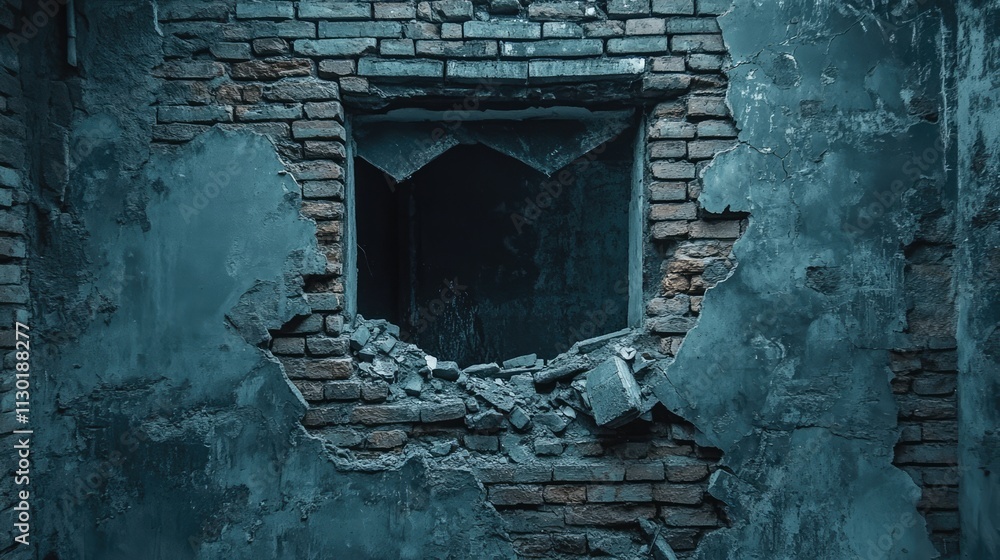 Poster background of weathered crumbling wall with exposed bricks and broken window in an abandoned setting