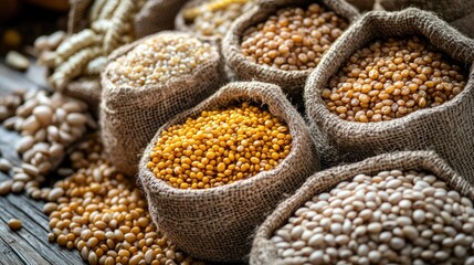 Obraz premium Global grain crisis with various spices and seeds in burlap sacks highlighting the impact of agricultural sanctions and embargoes on food supply.