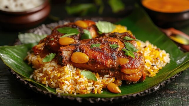 Bangladeshi Traditional Aush Rice with Duck Curry Served on Green Leaf showcasing Delicious Chitoi Pitha and Aromatic Garnishes