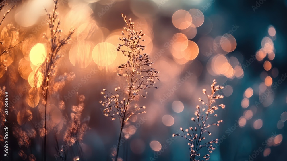 Poster dreamy bokeh background of nature with soft focus on grass and vibrant lights creating an abstract a
