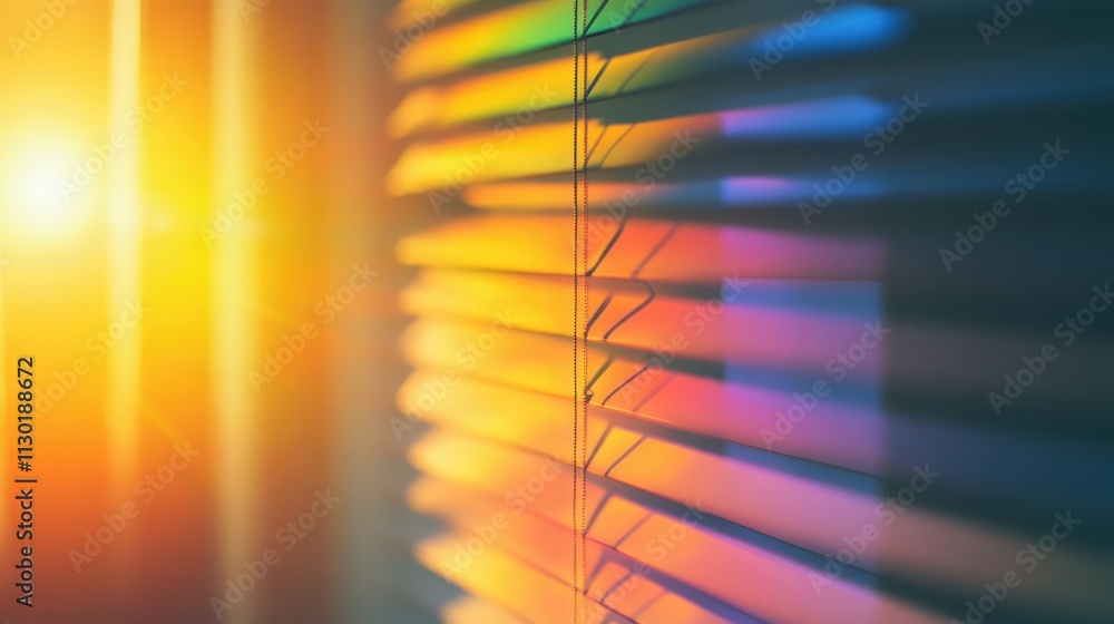 Poster bright horizontal glare design with colorful reflections and shadows on window blinds in a soft blur