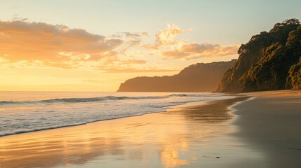 Obraz premium Serene beach sunset with golden hues reflecting on tranquil ocean waves and lush coastal cliffs in the background