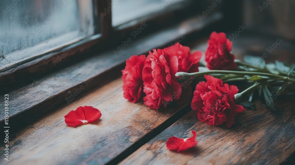 Aufkleber selective focus on vibrant red carnations resting on a rustic wooden surface by a window with scatte