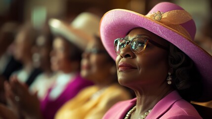 Elegant woman in a large pink hat attending an outdoor event