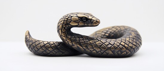 Obraz premium Bronze snake sculpture symbolizing renewal and prosperity against a clean white backdrop ideal for New Year celebrations