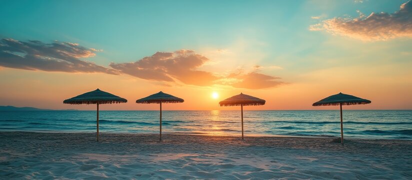 Tranquil sunset at Argassi beach with thatched umbrellas silhouetted against a colorful sky over calm waters. Perfect vacation destination scene.
