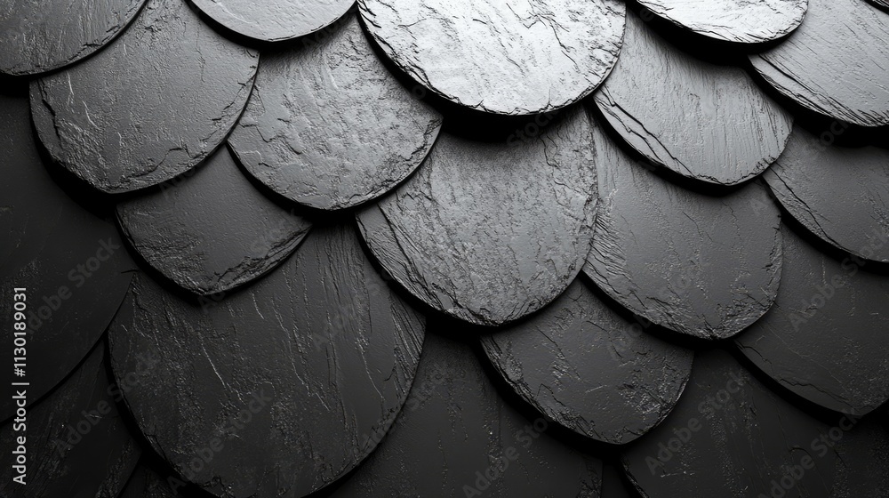Poster textured black roof tiles in an overlapping pattern creating a unique architectural background desig
