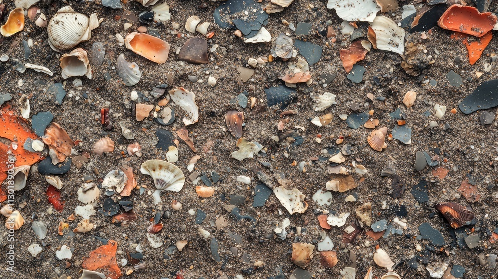 Poster textured sandy background with an assortment of colorful shell fragments scattered across the surfac