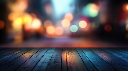 Blurred background of a railway platform with warm bokeh lights and wooden foreground creating a nostalgic travel atmosphere
