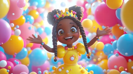 Naklejka premium Joyful Girl in Yellow Dress Amidst Colorful Balloons