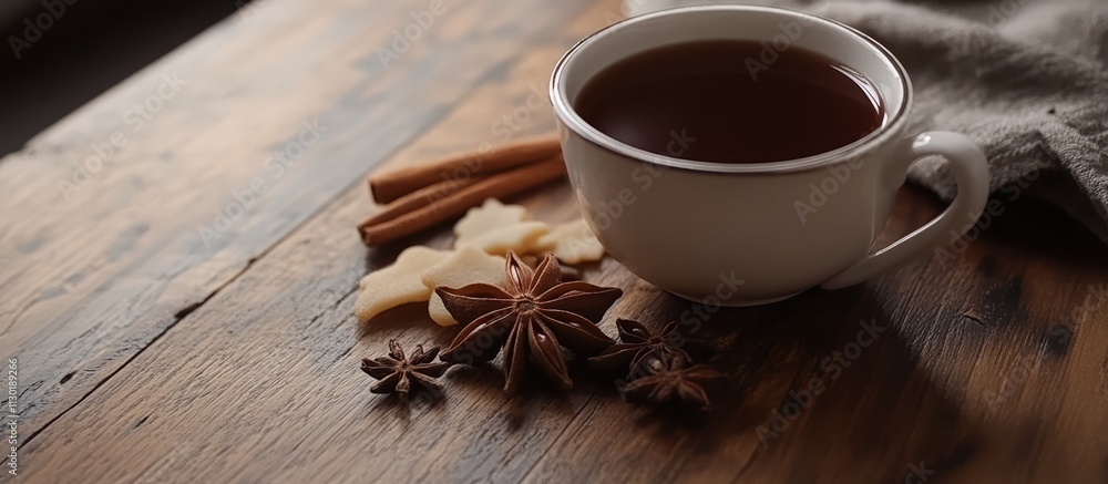 Poster warm cup of tea with spices and cookies on a rustic wooden table creating a cozy atmosphere for rela