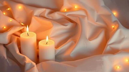 Lit candles rest on smooth satin fabric, accompanied by festive holly berries and soft, warm lighting, creating a serene ambiance.