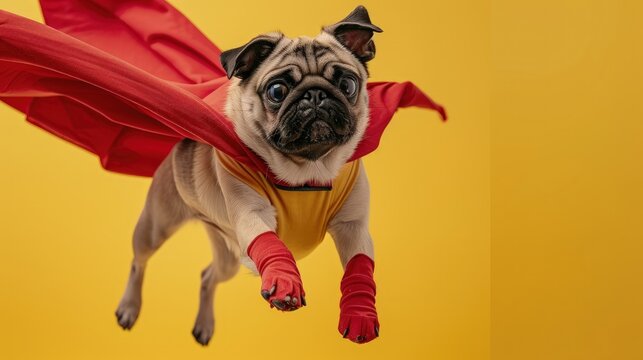 cute pug dog in superhero costume flying on yellow background, wearing red cape and gloves, funny happy face expression, cute character concept