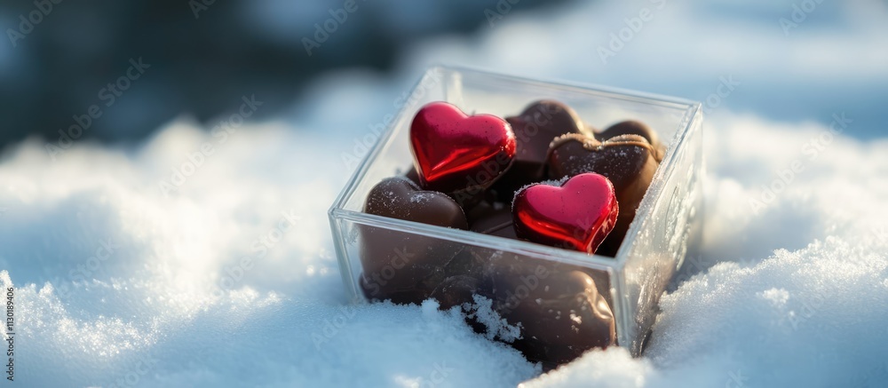 Aufkleber heart-shaped chocolates in a clear box nestled in soft white snow creating a romantic winter setting