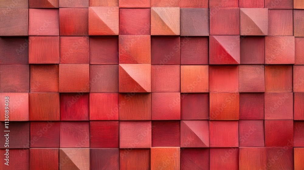 Poster geometric red brick wall background with textured cubes creating a modern artistic design suitable f